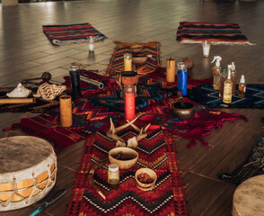 Meditation room with ritual items for sacred cacao ceremony in Tulum