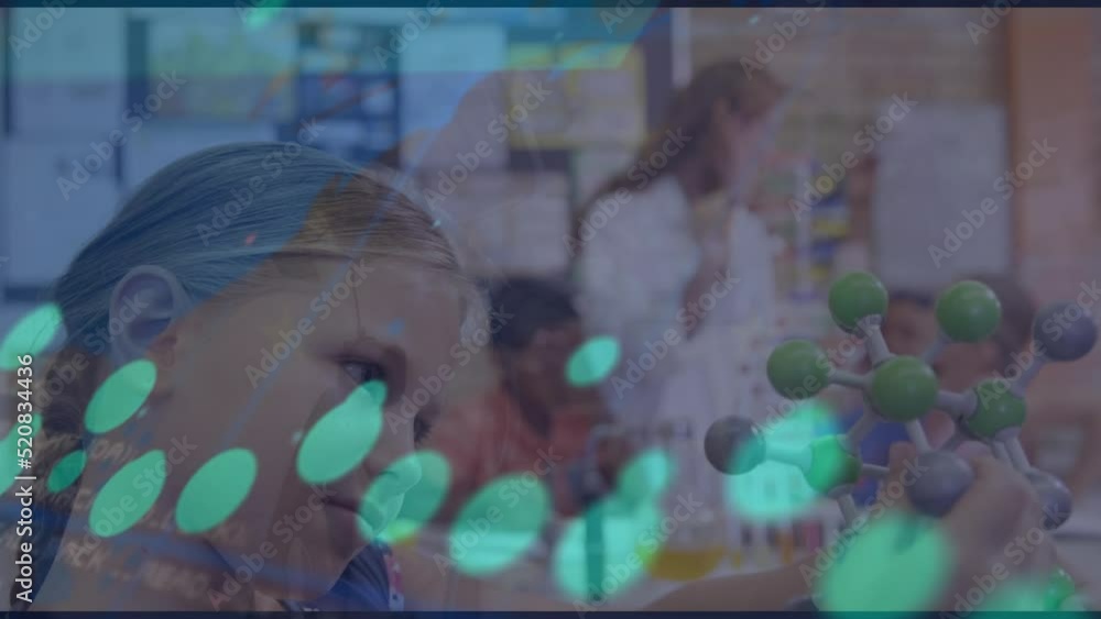 Poster animation of dots and numbers moving over caucasian girl with molecular model in classroom