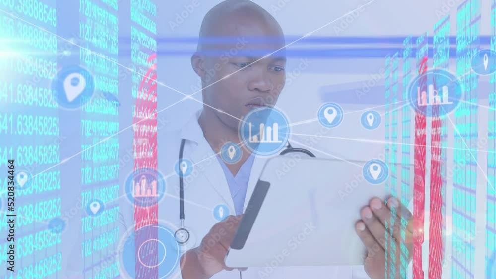 Poster gps and graph icons connecting with lines, binary and fingerprints over doctor using digital pc