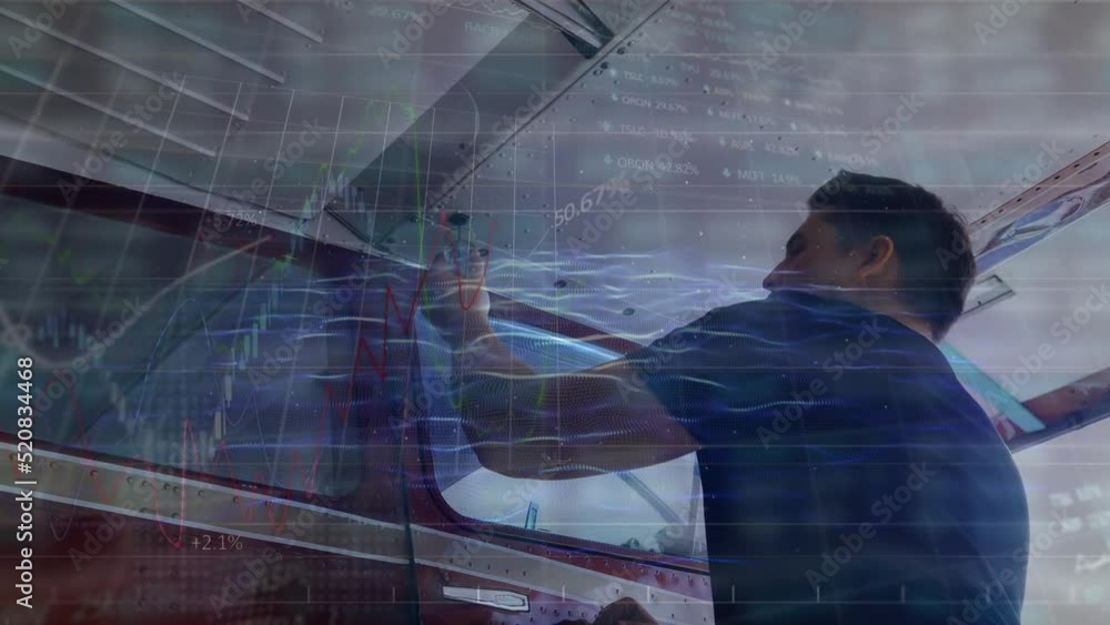 Poster animation of financial data with graphs against mechanic working in garage