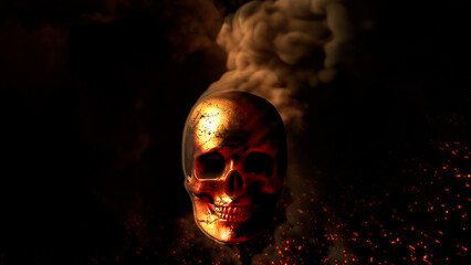 Burning horror of war concept - man skull with fire dark backdrop - abstract 3D illustration