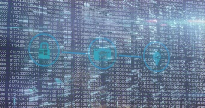 Animation of graphical padlock, camera and gps icons in circle over changing binary codes
