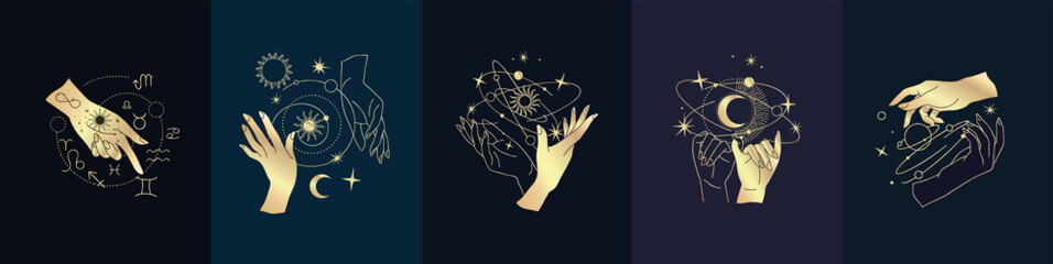 Spiritual esoteric magic logo or talisman with woman hands in silhouette style with stars, sacred geometry moon and sun. Alchemy mystic tattoo object logo template. Vector