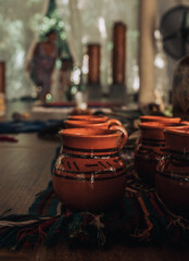 Traditional Mexican ceramic pot for cocoa ceremony in Tulum on a sunny afternoon
