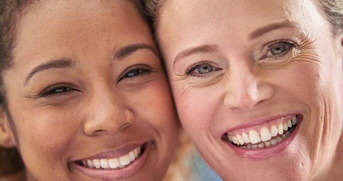 Happy, relaxing and carefree faces of women laughing while bonding. Portrait of diverse friends enjoying their free time together on the weekend. Females posing while having their picture taken