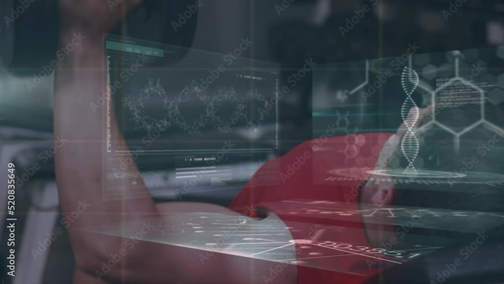 Poster animation of data processing over caucasian man at gym