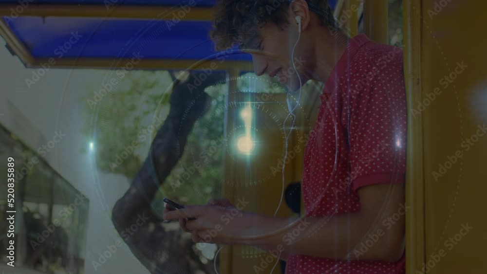 Poster animation of network of connections and data processing over man exercising in gym