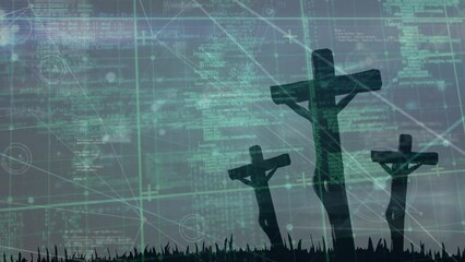 Animation of diverse data processing over caucasian male soccer players practicing at stadium - Powered by Adobe