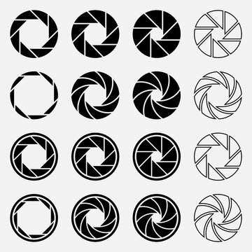 Set of isolated symbols of camera lens apertures, photo lens aperture, camera shutter silhouette icon and shutter aperture pictogram, lomography film lenses or snap optics lenses.