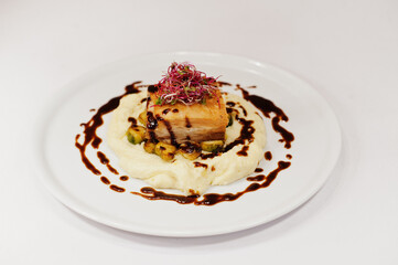 View on white background of meat with potato. Healthy food, diet lunch concept.