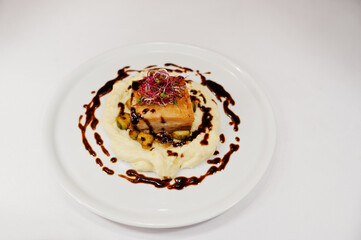View on white background of meat with potato. Healthy food, diet lunch concept.