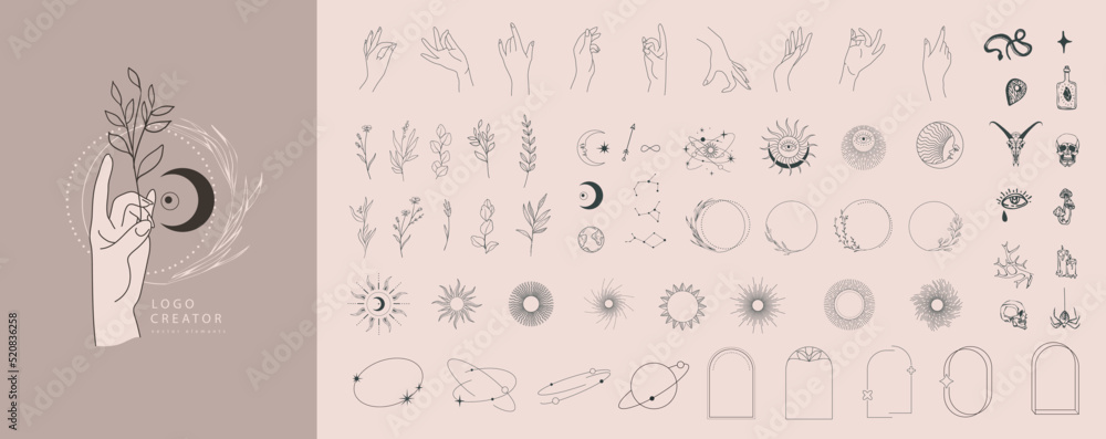 Wall mural logo design creator with different frames, floral elements and hand gestures. magic objects in a min