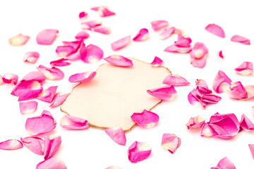 Rose flower petals on white background. Flowers composition. Valentine's Day, Mother's Day concept. Flat lay, top view, copy space