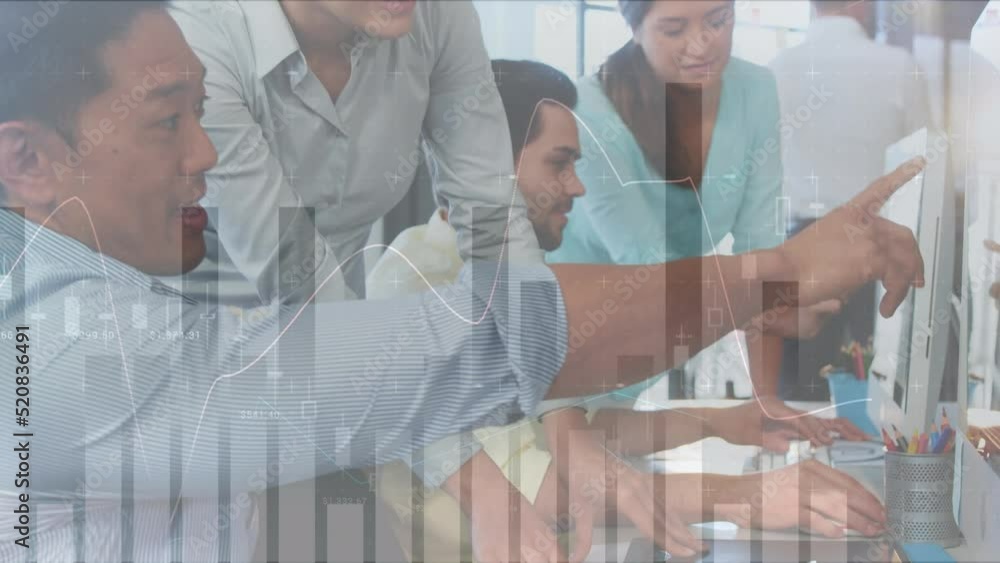 Poster animation of bar graph over asian colleagues discussing at computers in office