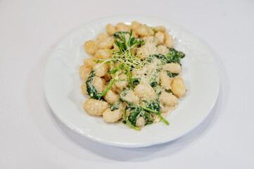 View on white background of dumplings. Healthy food, diet lunch concept.