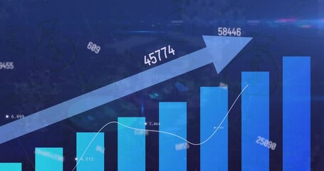 Animation of arrow, increasing numbers over bar graph against blue background