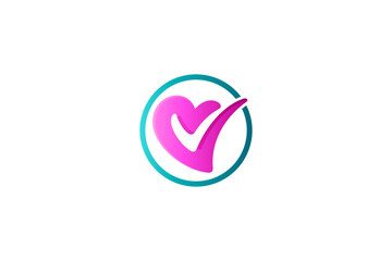 Heart or love logo with check icon inside circle emblem or seal stamp
