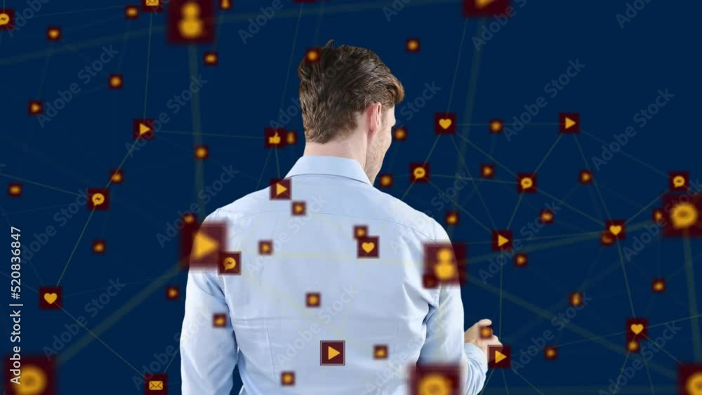 Poster animation of networks of connection with icons over caucasian businessman