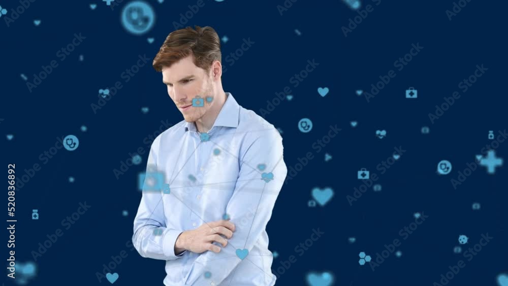 Poster animation of networks of connection with icons over caucasian businessman touching screen