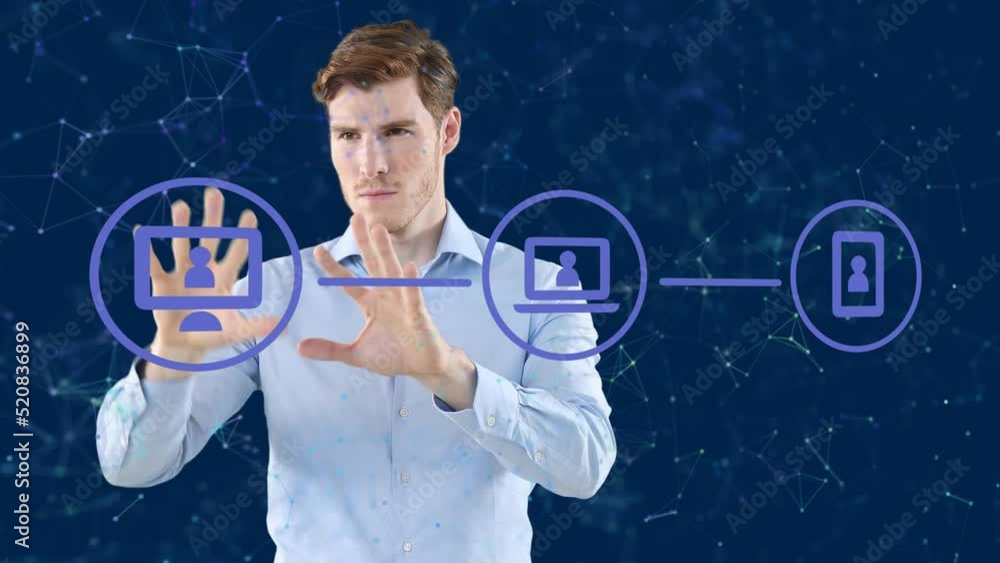 Poster animation of networks of connection with icons over caucasian businessman touching screen