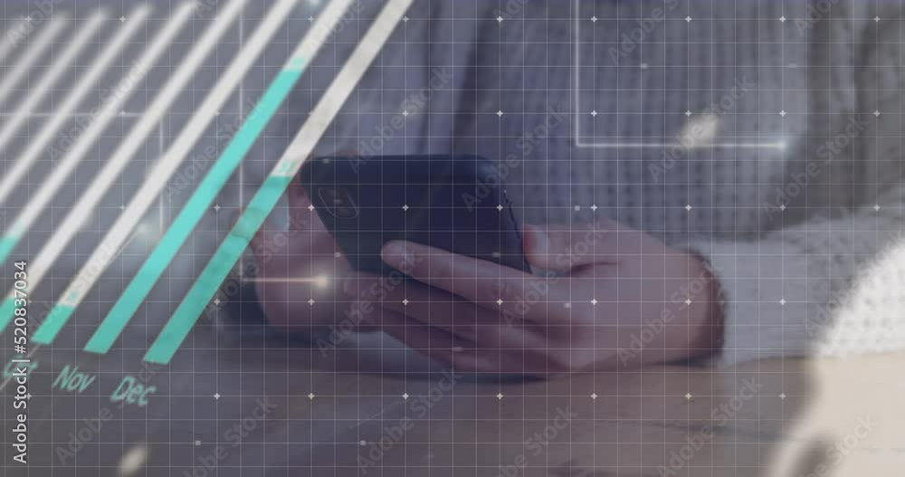 Poster animation of statistics and financial data processing over caucasian man using smartphone