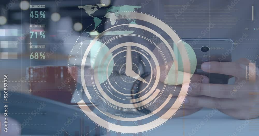 Poster animation of clock, statistics and financial data processing over caucasian man using smartphone