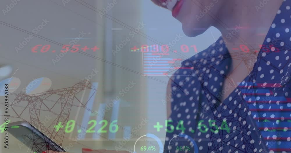 Aufkleber animation of statistics and financial data processing over caucasian woman using smartphone