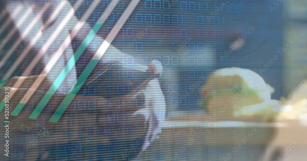 Poster animation of statistics and financial data processing over caucasian man using smartphone
