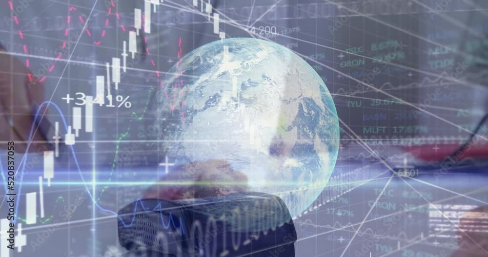 Poster animation of globe and financial data processing over caucasian man paying with smartphone