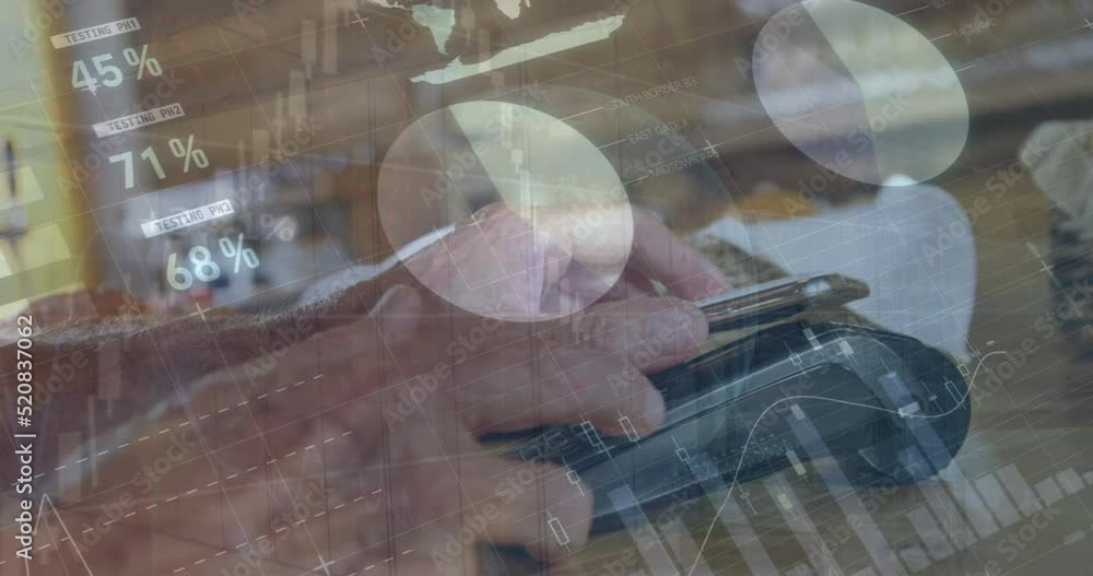 Aufkleber animation of statistics and financial data processing over caucasian man paying with smartphone