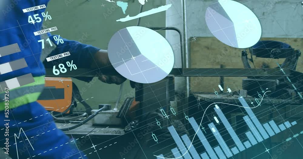 Aufkleber animation of statistics and data processing over african american man using machinery in factory
