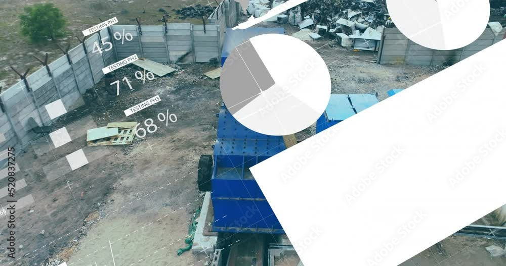 Poster animation of data processing on graphs and charts over industrial construction site