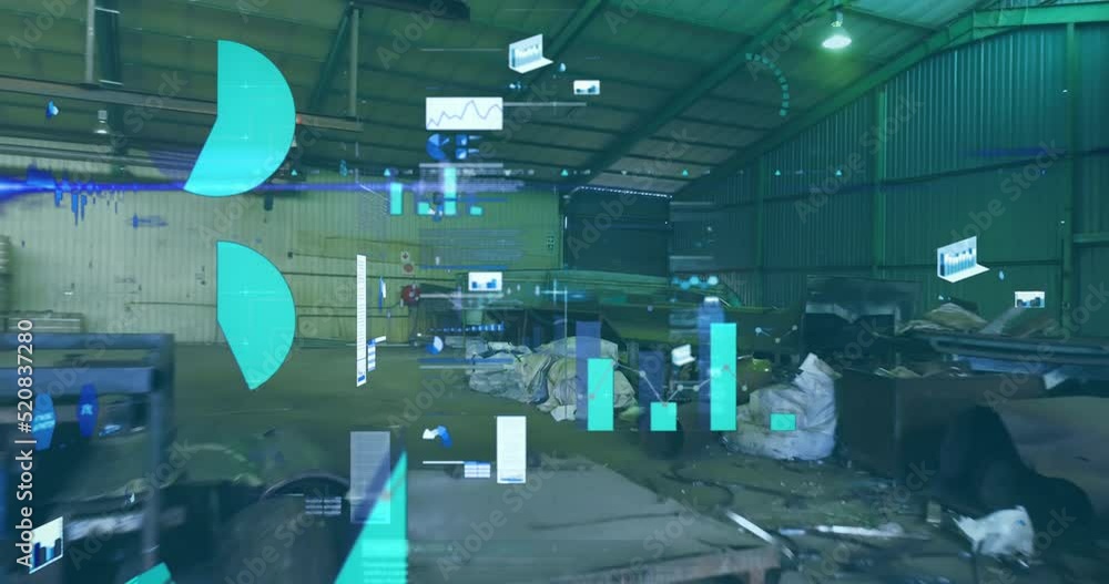 Poster animation of data processing on graphs and charts over industrial factory interior