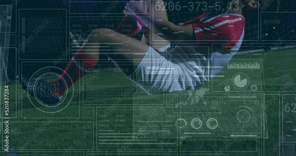 Poster animation of scope scanning and data processing over biracial football player injured on pitch