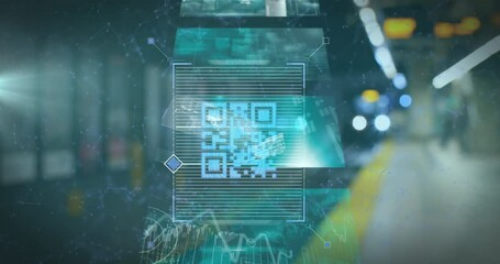 Animation of multiple screens with data processing and qr code scanner over train at train station - Powered by Adobe