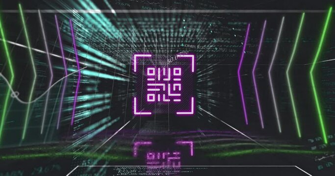 Animation of pink qr code, neon lights and data processing on black background - Powered by Adobe