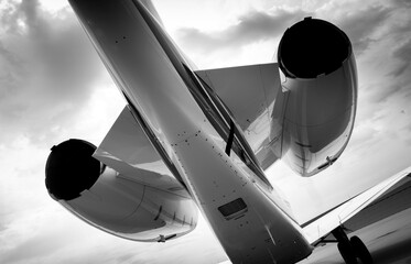 This artisstic study in black and white of business jet engines illustrates speed and power of modern aviation technology. - 520838011