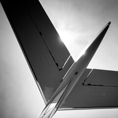 This artistic aircraft rendering of a business jet's horizontal tail image, in black and white, would make a great aviation illustration or art piece with a wide variety of uses. - 520838036