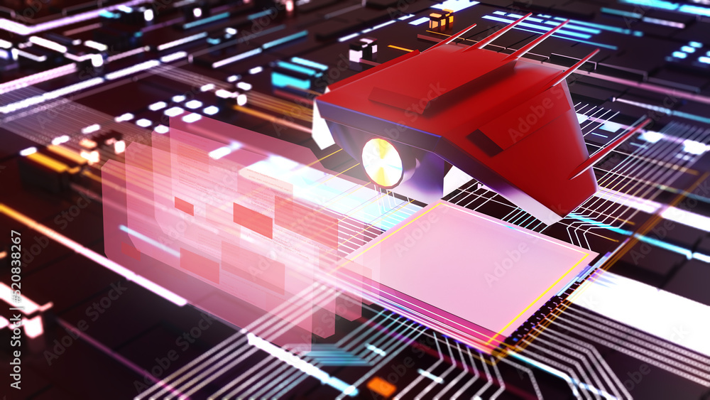 Poster the future of drone technology sci-fi cyber hacker,cyber future concept, 3d rendering.