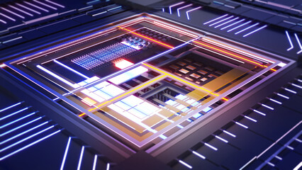 Future central processing unit,working processing technology,Conceptual CPU on circuit board,3d rendering