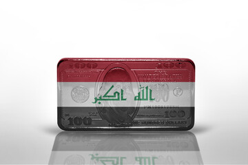 national flag of iraq on the dollar money banknote on the white background .