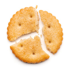 Healthy whole wheat cracker on white background. Stack of Saltine crackers isolated on white background. Round crackers.