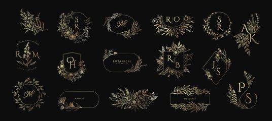 Set of wedding monogramm, botanical floral branch and frames. Botanical vintage foliage for wedding invitation, wall art or card template. Minimal line art drawing