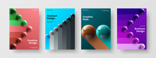 Colorful 3D balls flyer concept composition. Clean brochure A4 design vector layout set.