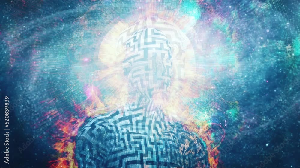 Poster burning figure of man with maze pattern in lotus pose. vivid universe on background