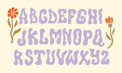 Hippie bohemian groovy postmodern funky font alphabet 1960s boho psychedelic style. Perfect for posters, collages, clothing, music albums and more. Vector clipart illustrations, isolated letters.