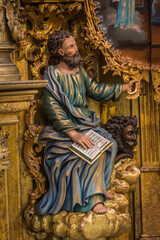 Russia Vologda Oblast Morozovitsa 07 21 2017 The fragment of 18th century wooden baroque iconostasis in the orthodox Troitse-Gledensky Monastery in the village of Morozovitsa near Veliky Ustyug