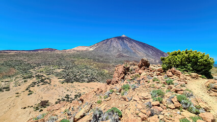 Scenic view on volcano Pico del Teide seen from Riscos de la Fortaleza, Mount El Teide National...