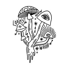 Cool magic mushrooms with eyes. Vector illustration. Cosmogony psychedelic lucidity concept. Hippie party, rave trance music festival. Distressed groovy funky style. Esoteric art print clipart.