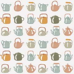 Seamless pattern with teapots and kettles . Kitchen ceramic and glass tea kettle in the style of the 60s on a light background, cute crockery for warm cozy household. Hot drinks utensil.